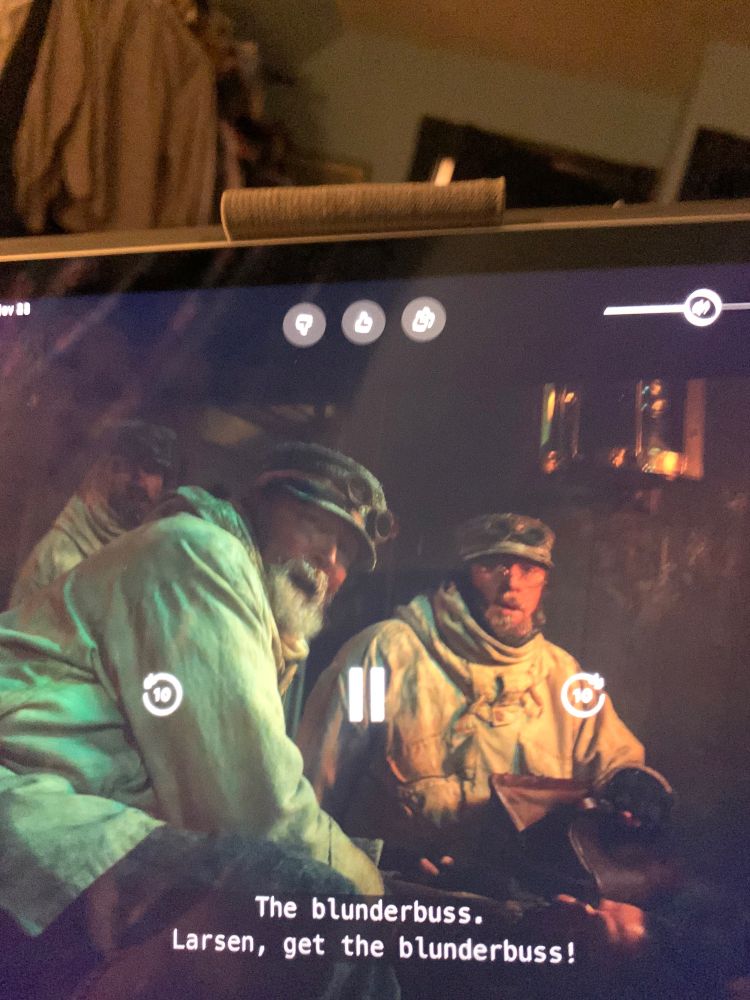 Screenshot from Frankenstein--two sailors in oilskins and one says 'the blunderbuss. Larsen, get the blunderbuss!'