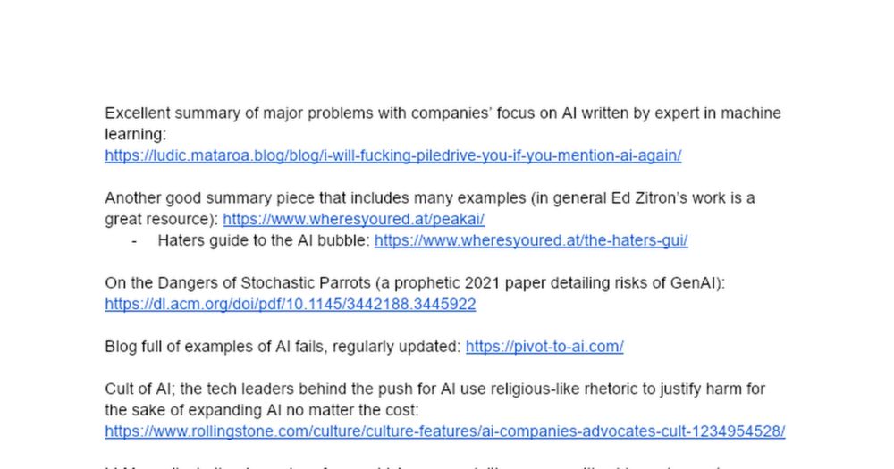 Excellent summary of major problems with companies’ focus on AI written by expert in machine learning: https://ludic.mataroa.blog/blog/i-will-fucking-piledrive-you-if-you-mention-ai-again/   Another g...