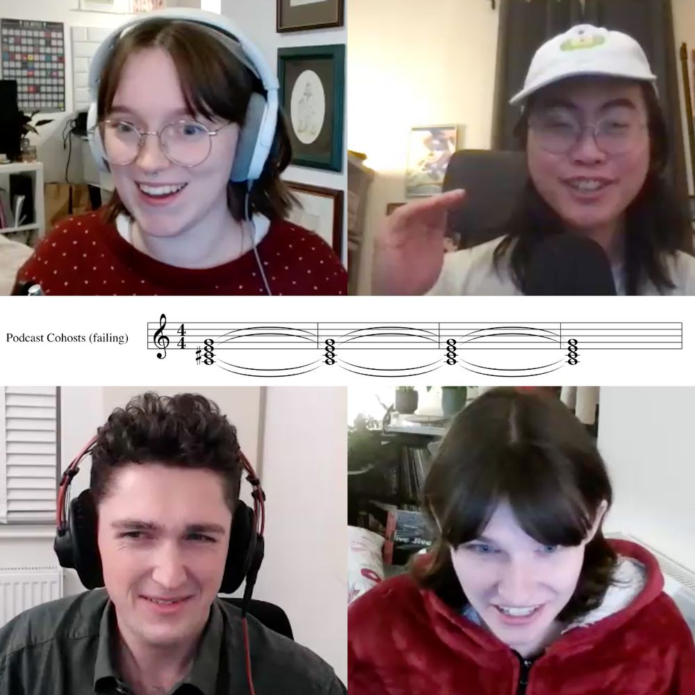 The hosts of Let's Learn Everything and guest David Bennett making odd expressions as they try to hit a 4 part harmony. Sheet music of their notes is displayed, captioned with "Podcast Cohosts (failing)"
