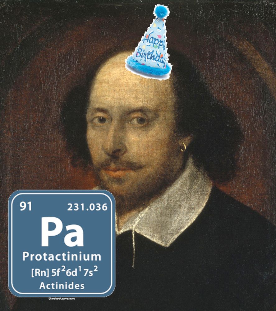 A painting of William Shakespeare with a hastily photo-shopped birthday hat next to the periodic table symbol for the element Protactinium