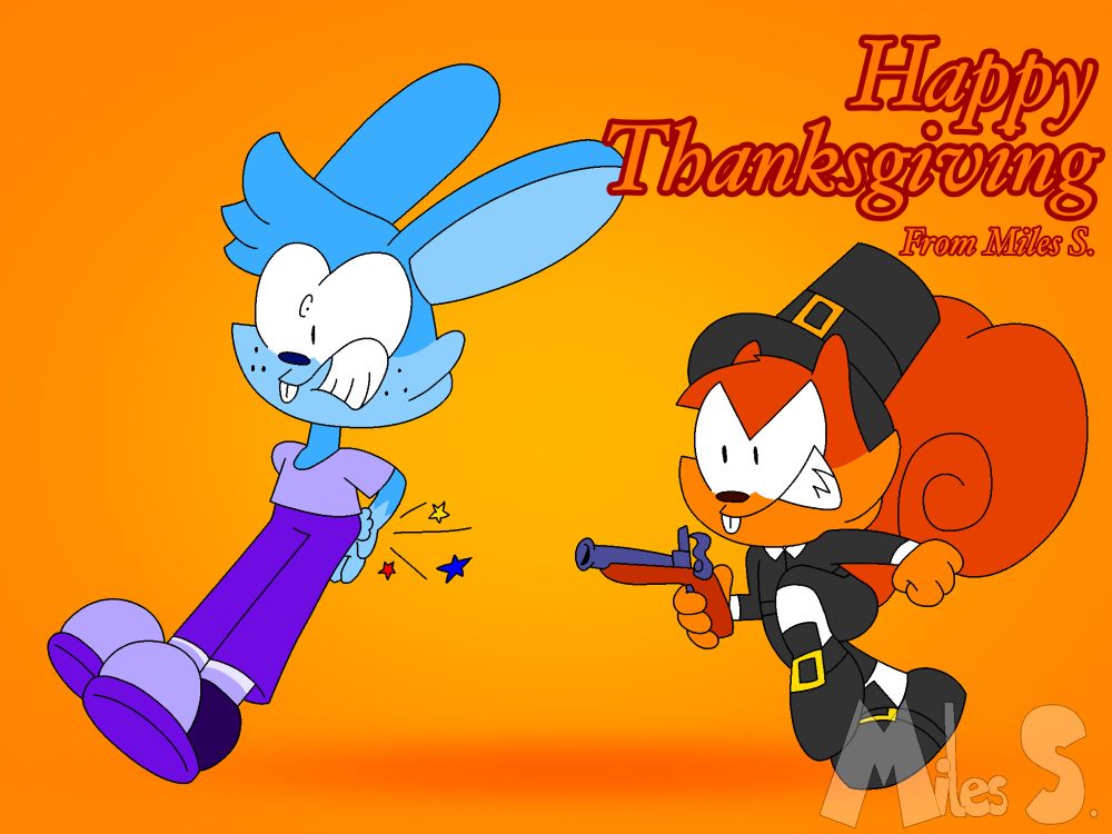 Phil shooting Harry in the butt while dressed as a pilgrim