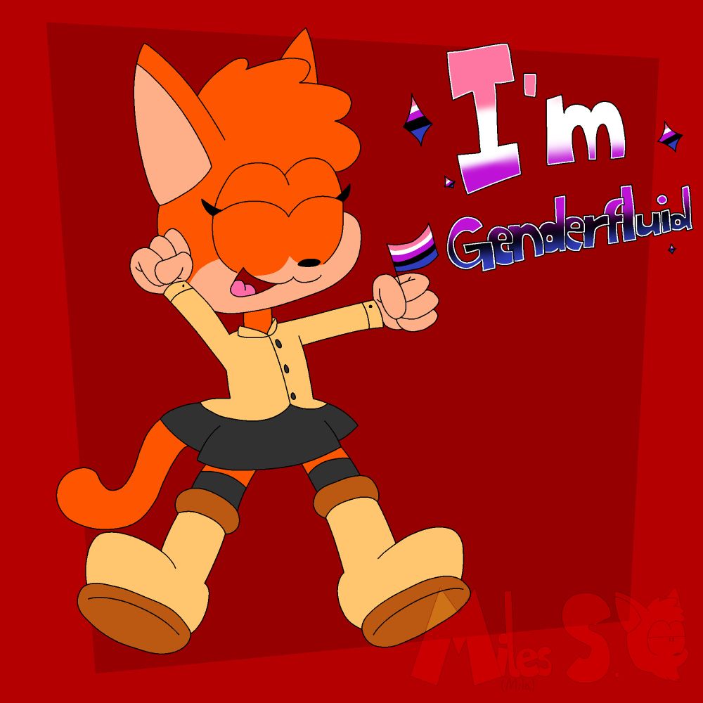 My fursona holding a genderfluid flag