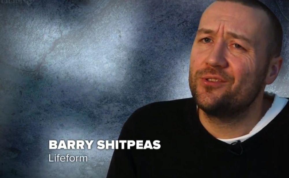Image of Charlie Brooker character "Barry Shitpeas", played by Al Campbell.