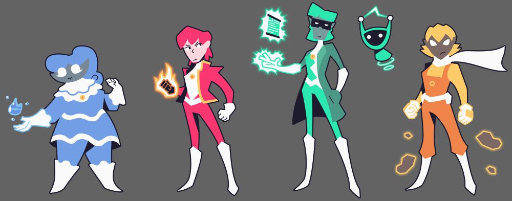 Character designs for the unmasked versions of "Agent Blue", "Agent Red", "Agent Green", and "Agent Yellow" from my comic "Nexus Agents" each showing off their elemental powers.