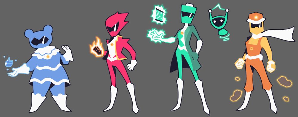Character designs for "Agent Blue", "Agent Red", "Agent Green", and "Agent Yellow" from my comic "Nexus Agents" each showing off their elemental powers.