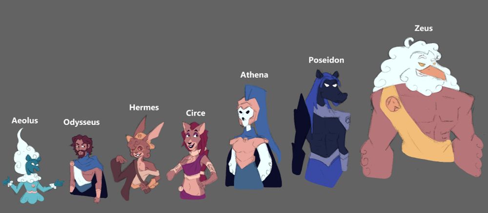 A collection of EPIC The Musical character designs.
Aeolus(Pony), Odysseus, Hermes(Hare), Circe(Lion), Athena(Owl), Poseidon(Horse), Zeus(Eagle).