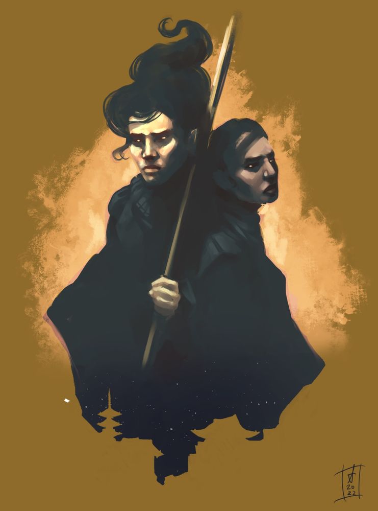 Zwei Leute stehen Rücken an Rücken. eine Person hält einen Speer. Man würde ihn auch als solchen erkennen, wenn der Künstler nicht so faul gewesen wäre.

Two people standing back to back. One of them is holding a spear and you would be able to recognize it as such, had the artist not been as lazy as they obviously were.