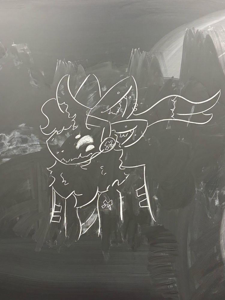Cyrus the protogen drawn on a blackboard with chalk