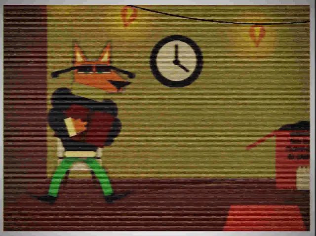 Garrett The Fox focused on reading a book in a well lit room, with a clock and a box seen on the right.