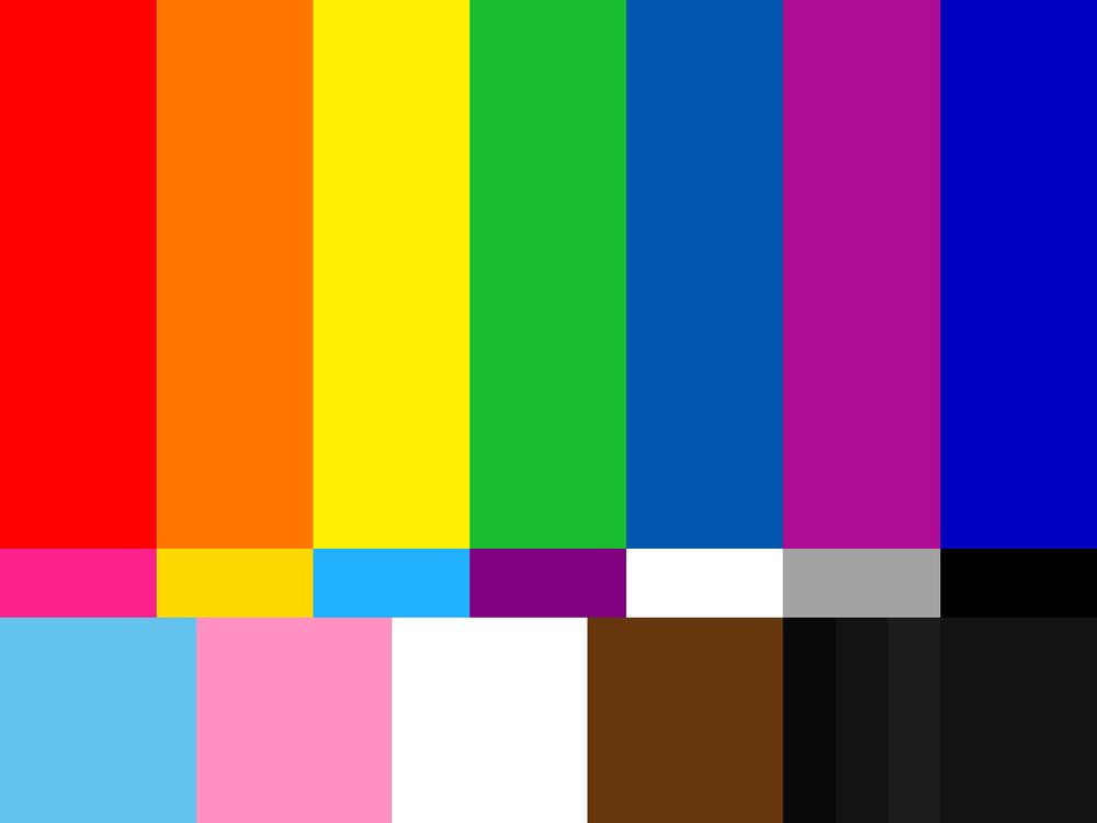 An LGBTQ+ pride flag formatted in the layout of the SMPTE 