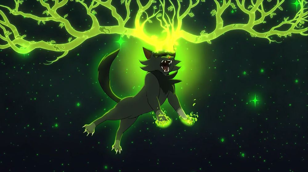 A frame from Hollyfawn where in her vision Holly uses her powers of plant summoning to grow antlers. They resemble large tree branches that have holly leaves. 