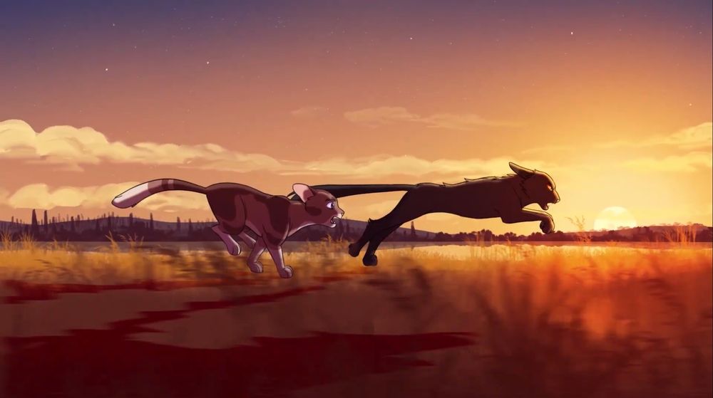 A frame from Don't Do Sadness where Breezepelt is running against the sunset with Heathertail pleading behind him.