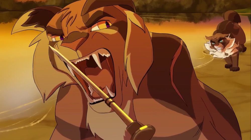 A frame from Holy the Sea where Brambleclaw is pulling the stake from the ground and twirling it in the air to grab it before Hawkfrost can get him.