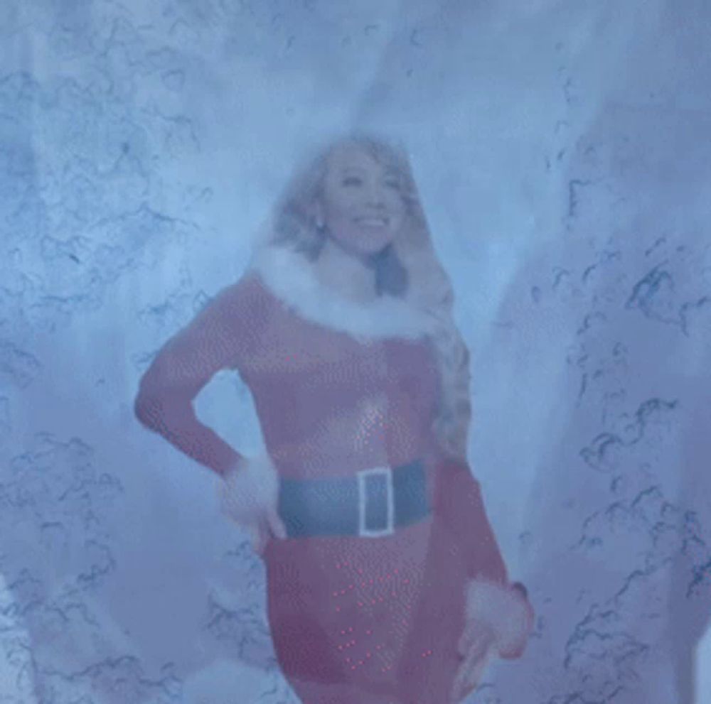 a woman in a santa claus outfit is standing in the snow