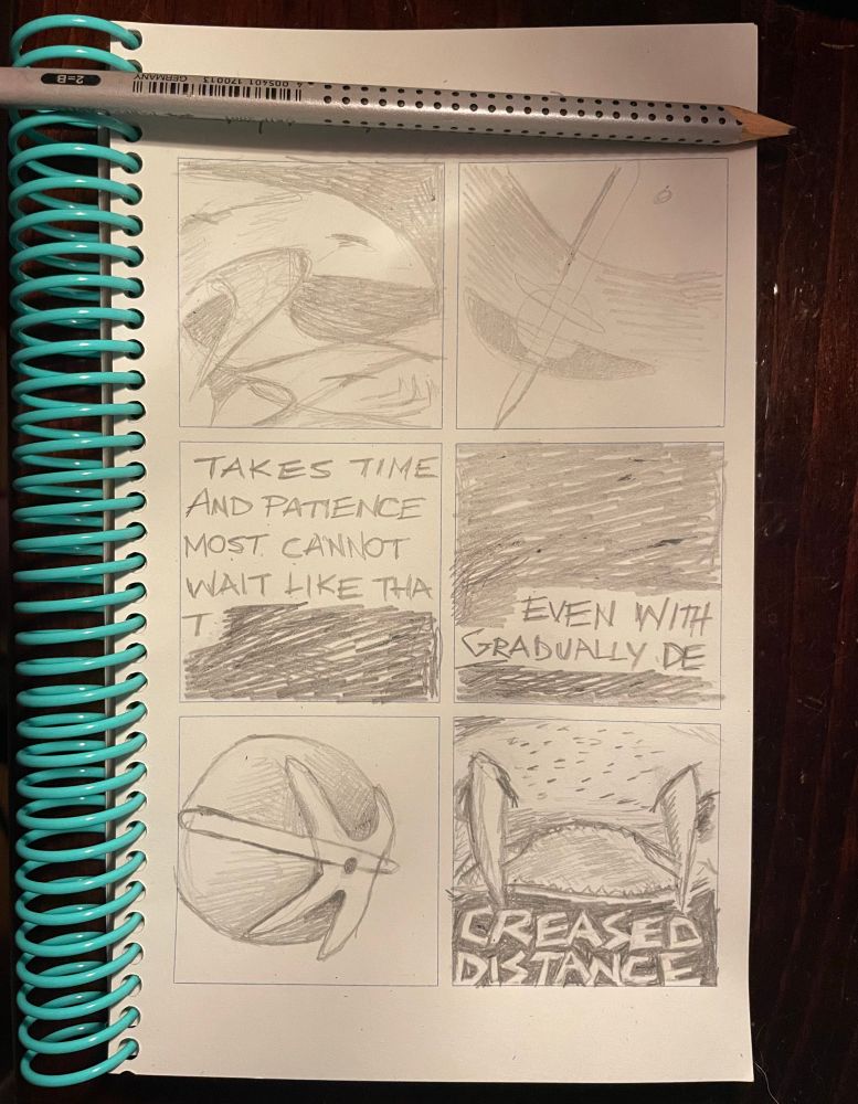 6 panel comic with nurse sharks and various shapes intertwining. words broken up, beginning on the 3rd, and to the 4th and 6th panel say “takes time and patience most cannot wait like tha - t even with gradually de-creased distance”