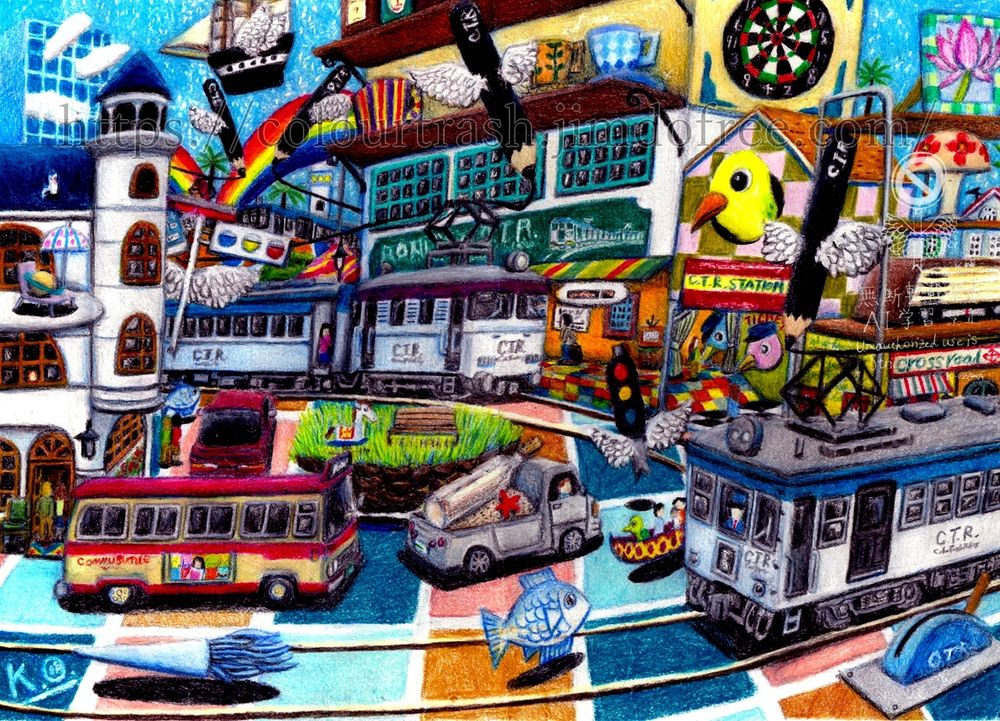 「行き先の多すぎる交差地点(You may go anywhere from this crossing)」(2025)※色鉛筆画です。