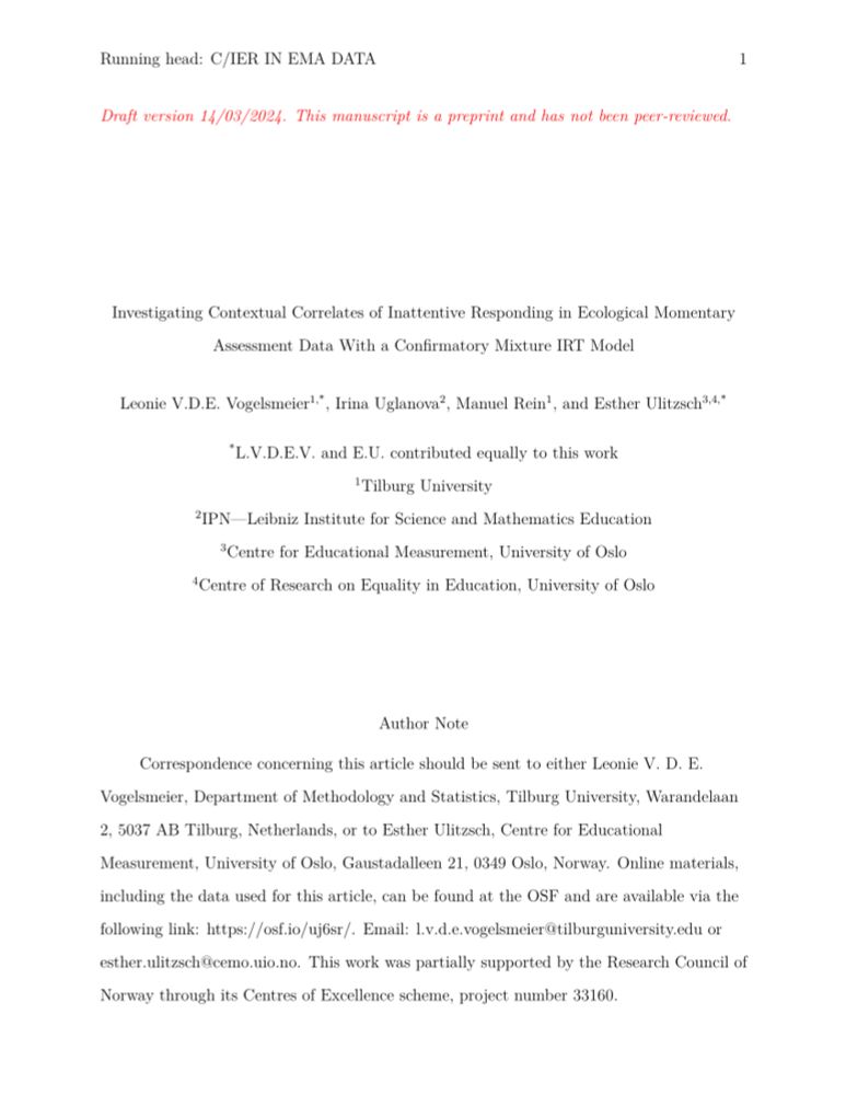 (PDF) Investigating Contextual Correlates of Inattentive Responding in Ecological Momentary Assessment Data With a Confirmatory Mixture IRT Model