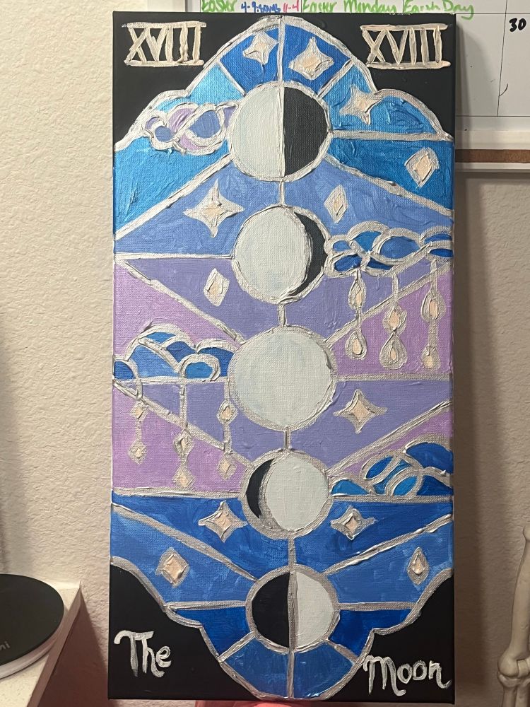 A painting of The Moon tarot card in stained glass style. 
