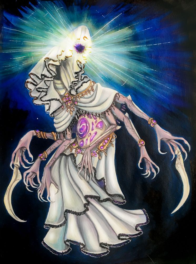 A white robed figure with six clawed limbs. The top limbs have a massive bone claw where the third finger should be. It's adorned in gold and purple jewelry. Instead of a head, it has a glowing orb with a dark center.