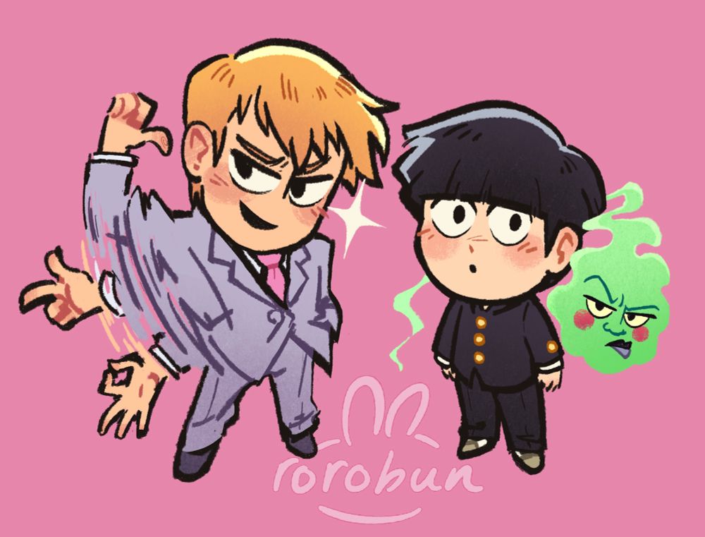 Chibis of Reigen Arataka, Shigeo Kageyama and Dimple / Ekubo from Mob Psycho 100 