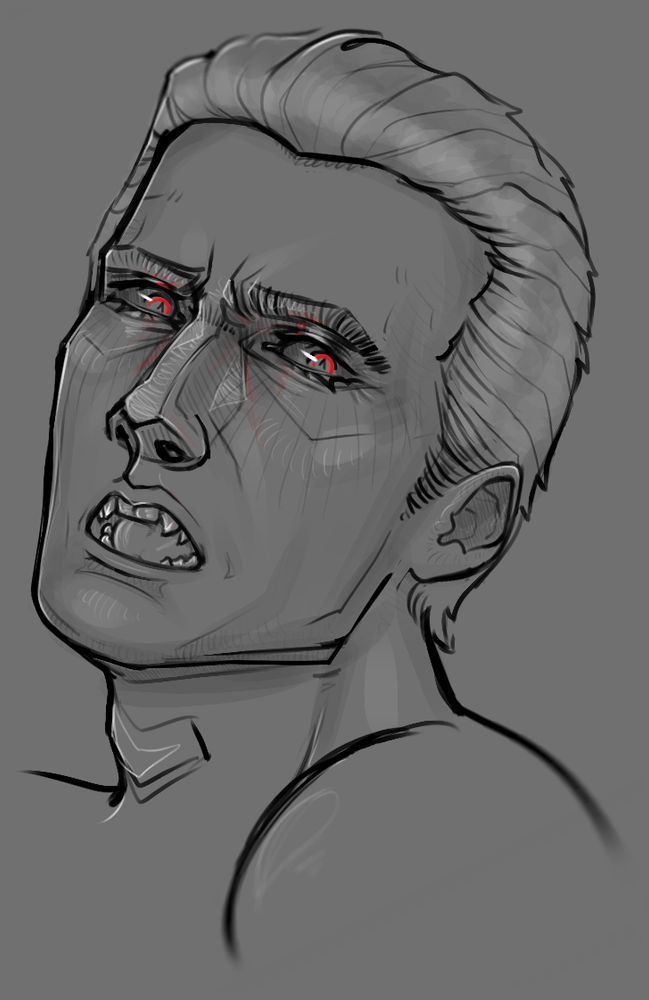 Albert Wesker with his mouth slightly agape; he faces the camera, a mouth full of perilous, sharp teeth. The image is greyscale save for the red of his eyes, which casts a gentle red glow on his face.