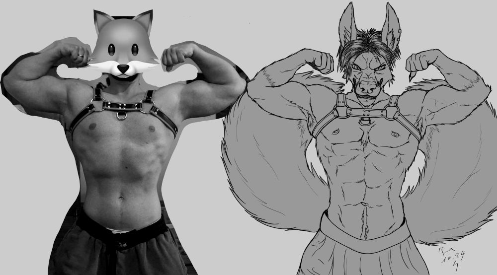 Ira Askari the male jackal/kitsune hybrid in a front double biceps pose next to the artist in the same pose.