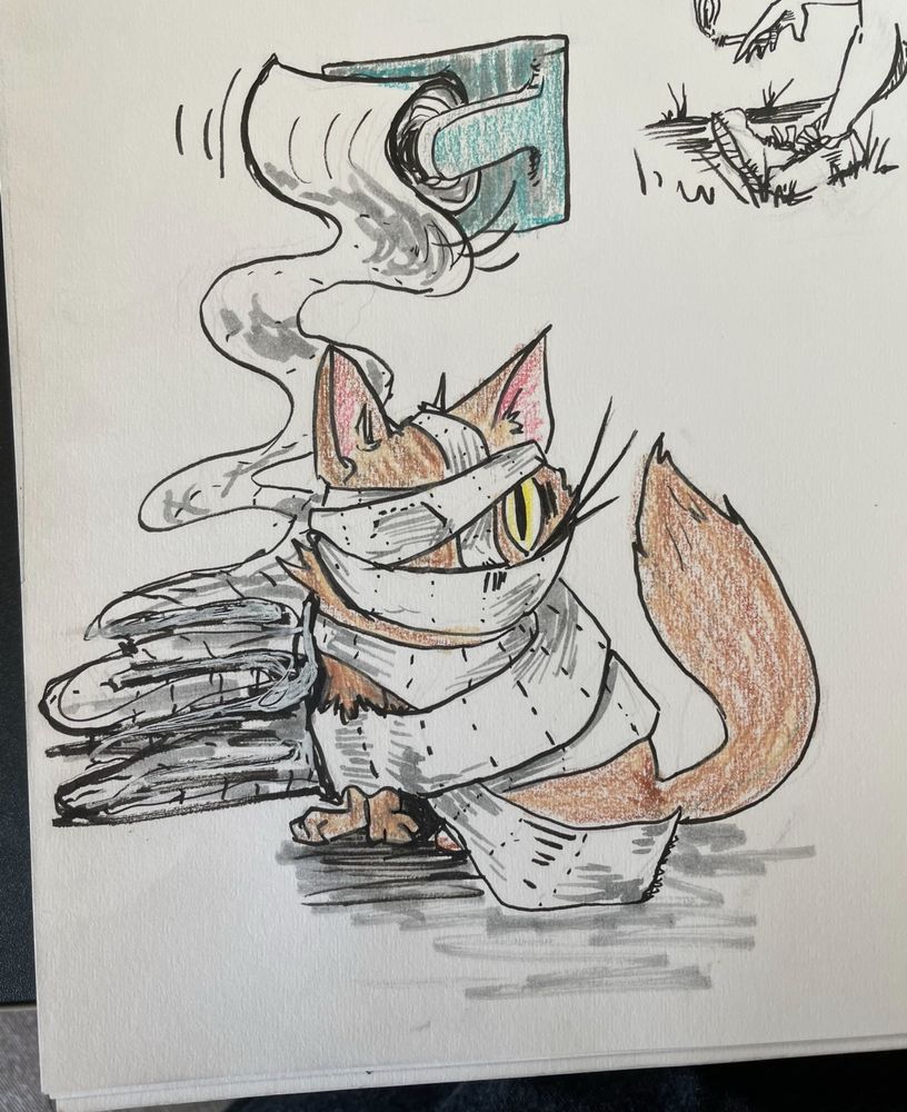 A drawing of a cat, sitting, wrapped up in toilet paper. The toilet paper roll unwinds on the holder in the background, leaving a big pile of paper behind the cat. 