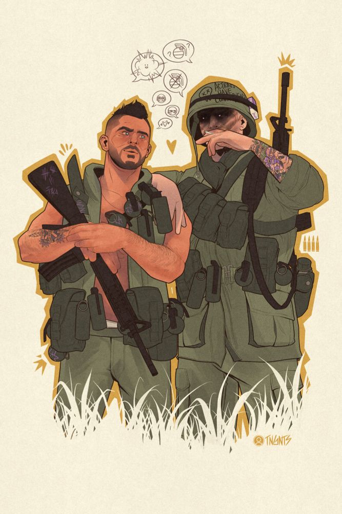 Recreation of tngnts’ first ever ghoap drawing - a 60’s inspired military AU with Soap pining over Simon while he smokes and the two discuss what the appropriate amount of grenades is for someone to carry on their person. 
