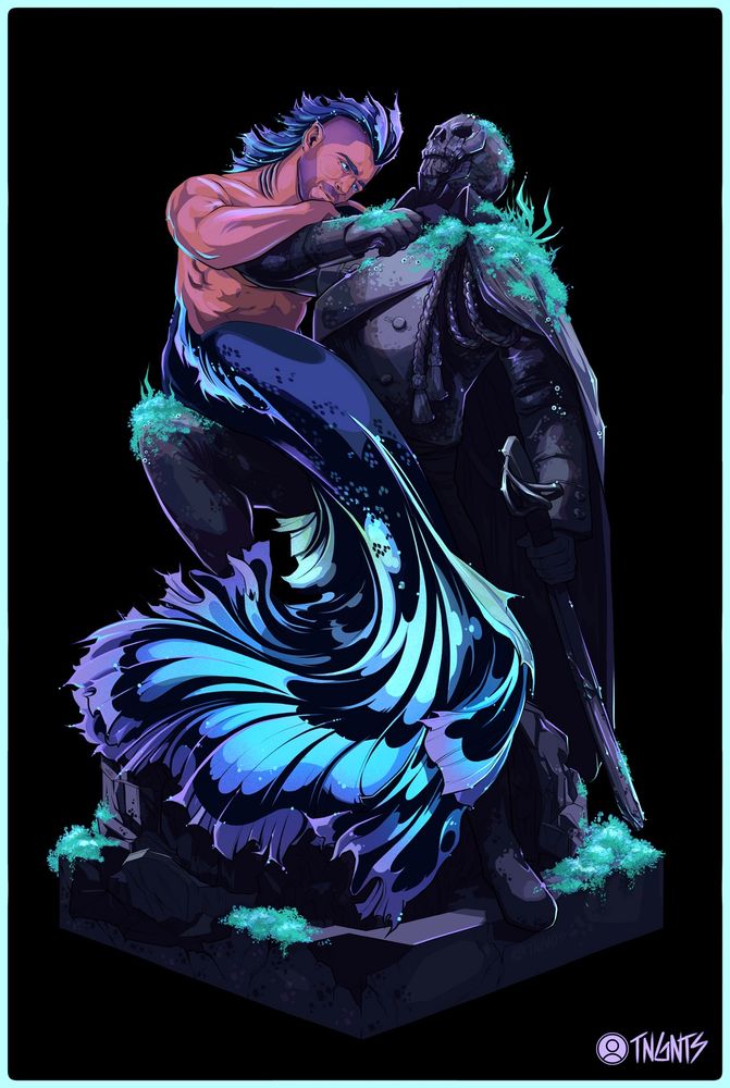 Cell-shaded illustration of fighting fish mer! Soap sitting on the stone lap of a prince! Ghost statue. Pose is meant to mirror the pining scene from The Little Mermaid…but in neon…and with queer military men. 