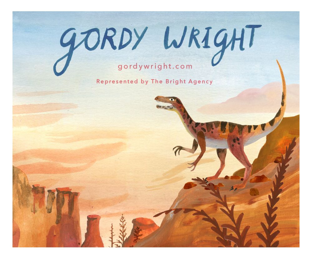 An Eodromaeus dinosaur on an orangey coloured rock looking out into the distance against a sky fading from blue to orange.