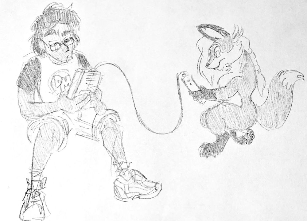 A pencil sketch of Paavan, a tall and lanky man, playing two-player gameboy with Myf, a short fox woman, via a link cable. Drawn by @ferrovore.bsky.social‬