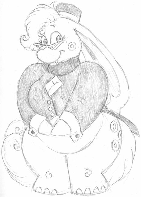 A black and white pencil sketch by @Ferrovore.bsky.social of Ren-Chan, a "mahjong fairy" from a fictional game, wearing a little suitcoat, pillbox hat, and catseye glasses.