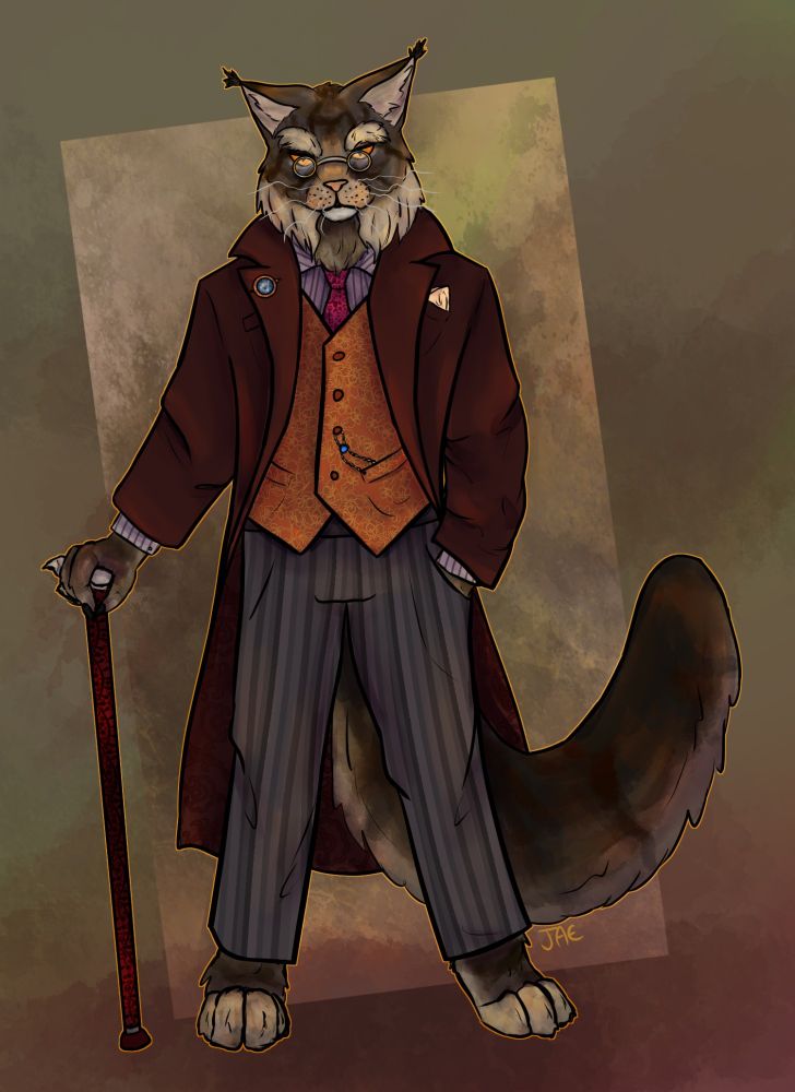 Phillip is a anthro main coon with a dark brown tabby coloration and cream paws and mutton chops. He's wearing a large brown trench coat over a purple dress shirt and orange patterned vest with grey striped pants. He's holding a cane in his right hand. He has a grim expression and crooked whiskers.