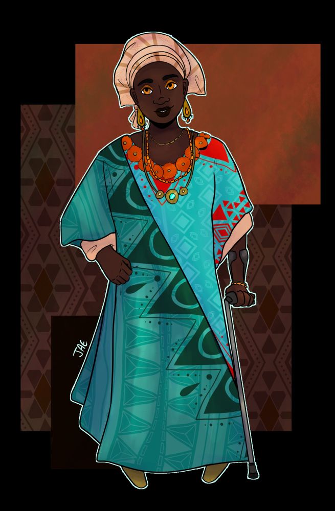 Chidi a black woman with her hair in a patterned headscarf standing over an abstract background. She's using a cane and wearing a blue and orange patterned dress.