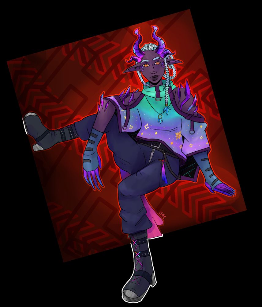 A tiefling/earth genasi/drow full body drawing. They have one foot up against the red square border and are wearing a teal/purplish shirt and dark pants. They have blue/purple/teal horns and gem like crystals on them. 