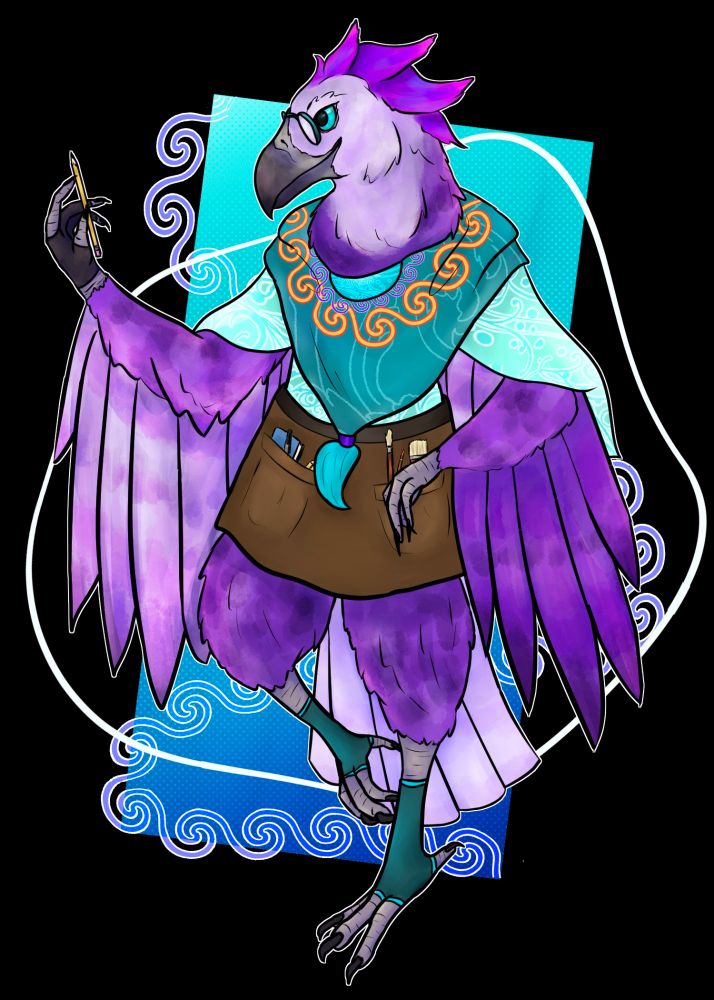 Esen a purple eagle anthro holding a pencil and wearing a teal top and artist smock. She has glasses and is standing in front of a blue patterned background.