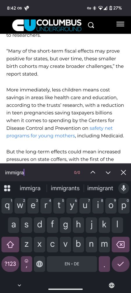 Screenshot showing find in page search for "immigration" and zero results.