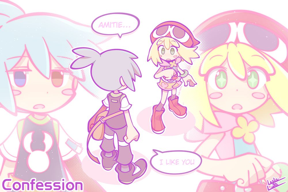 Day 1- Confession
Sig confesses he likes Amitie! 
Sig's text boxes read "Amitie..." and "I like you"