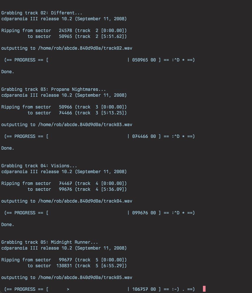 Terminal output of a the progress of ripping a CD