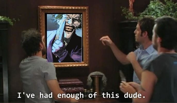 The cast of It's Always Sunny In Philadelphia looking at a framed Javi Fernández drawing of The Joker: "I've had enough of this dude."