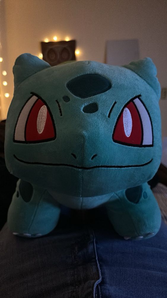 A close-up photo of a plush Bulbasaur the Pokémon 