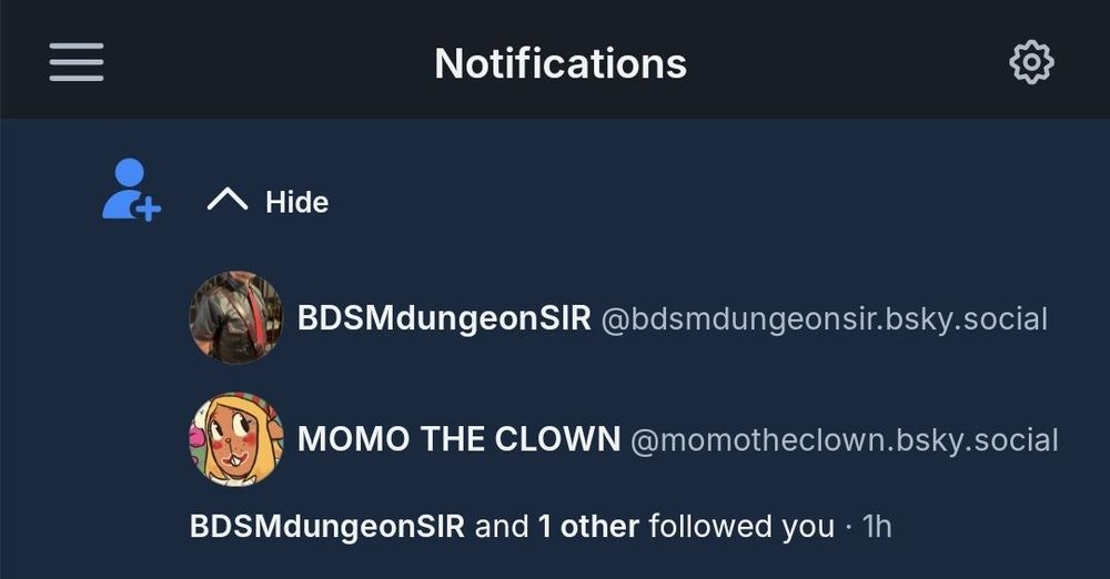 Notifications for being followed by "BDSMdungeonSIR" & "MOMO THE CLOWN"
