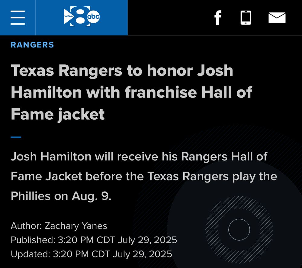 wfaa news article about the texas rangers to honor former texas ranger josh hamilton with franchise hall of fame jacket on august 9 