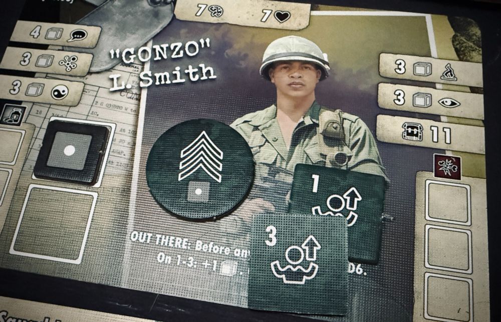 An image of Sergeant Smith's card in the game Purple Haze, showing 4 XP gained