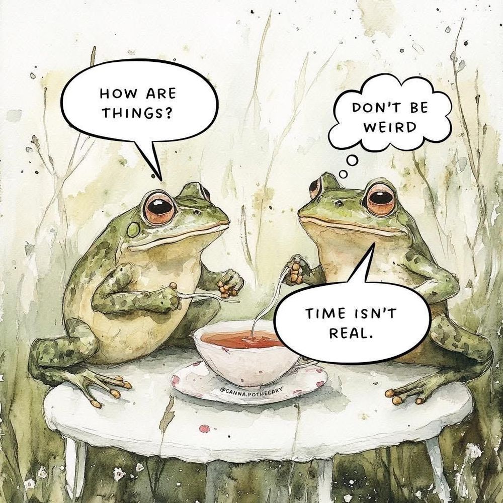 Two illustrated frogs sit at a table drinking tea. One says, “How are things?” The thinks, “Don’t be weird,” and says “Time isn’t real,” 