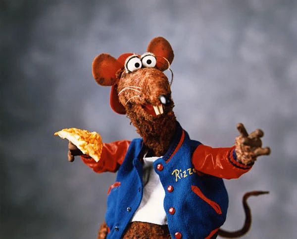 Rizzo the rat holding a slice of pizza