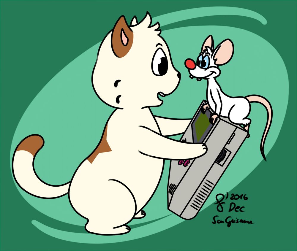 Glitch from Gamercat plays on an old gameboy and gets surprised by Pinky from Pinky and the Brain.