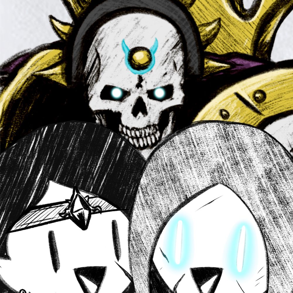 A drawing of Ionus Cryptborn from Age of Sigmar behind Ava and Kari’s avatars.