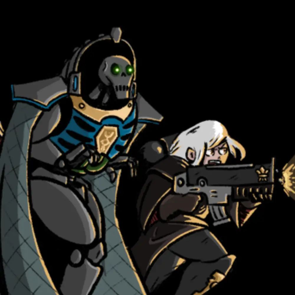 Trazyn the Infinite looking scared as a Sister of Battle charges forward, unloading a bolter into an unseen enemy.
