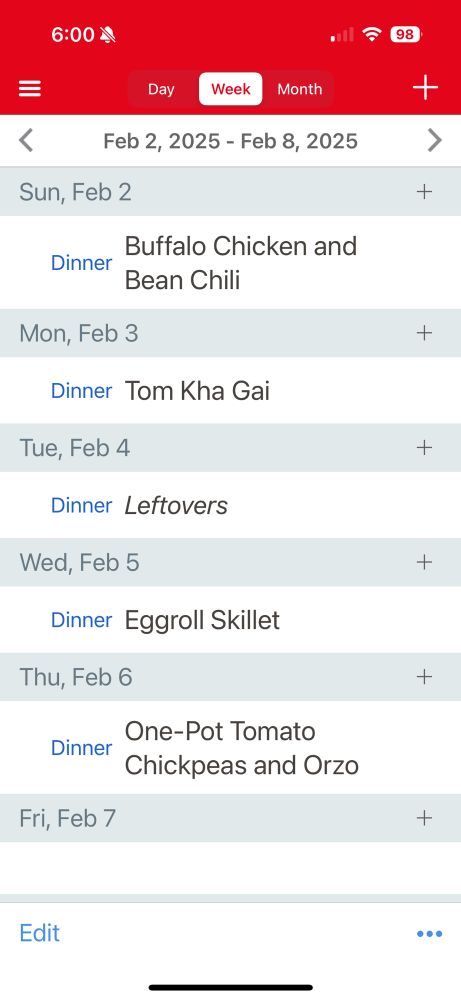 List of dinners:
Buffalo chicken chili
Tom Kha Gai
Leftovers 
Eggroll Skillet
Tomato chickpeas and orzo
